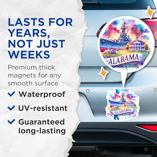 (2 Pack) Alabama State Magnets - Travel Souvenir Magnets - Alabama Ship and Landmark Magnets - 5" On Longest Side - for Cars, Fridges, Toolboxes - Made in USA - MAG7162