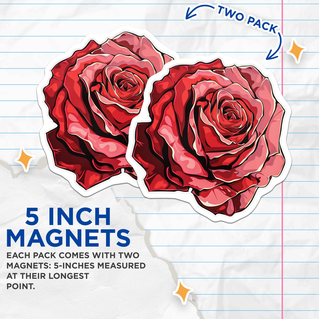 (2 Pack) Red Rose Magnets - Valentine's Day Decor - Romantic Kitchen Fridge Floral Accent - 5 Inches On Longest Side - Thick Durable Magnet - Made in USA - MAG36135