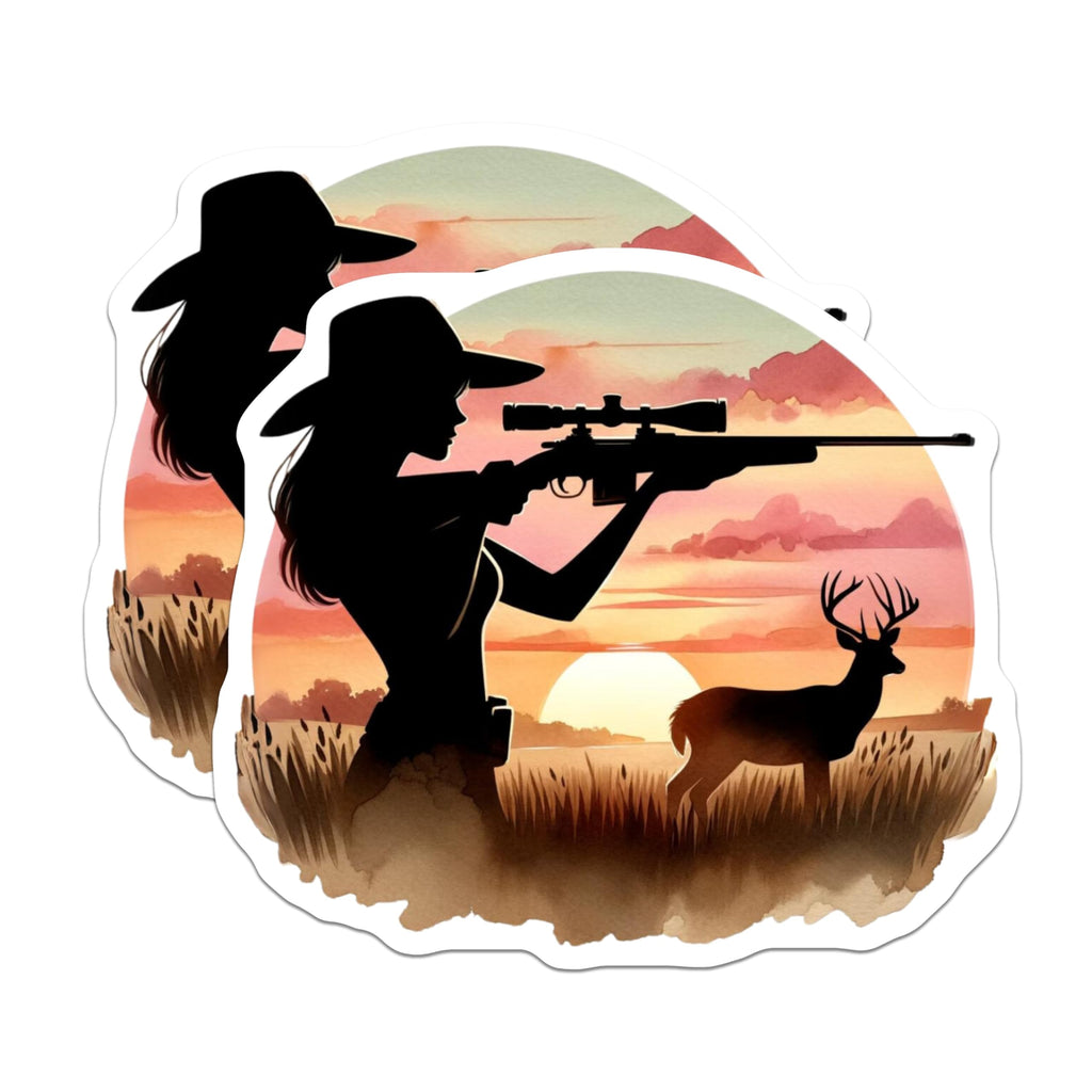 (2 Pack) Woman Hunter Magnets - Big Buck Hunting Silhouette - Sunset Wilderness Scene - Rifle Woman Outdoor Sports - 5 Inches On Longest Side - Thick Durable Magnet - Made in USA - MAG19891