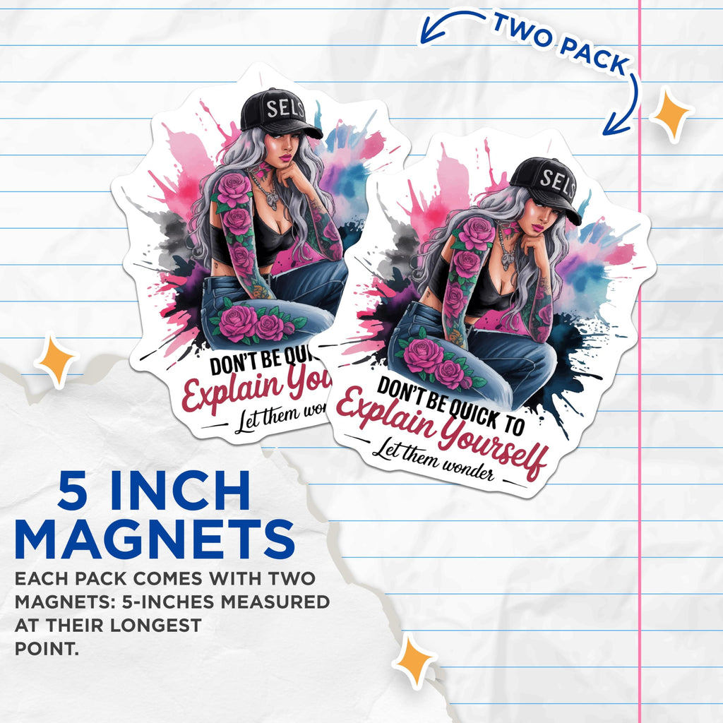 (2 Pack) Tattooed Woman Magnets - Confident Edgy Girl Art - Inspirational Quote - Pink Rose Tattoos - Mysterious Vibe Decor - 5 Inches On Longest Side - Thick Durable Magnet - Made in USA - MAG22800