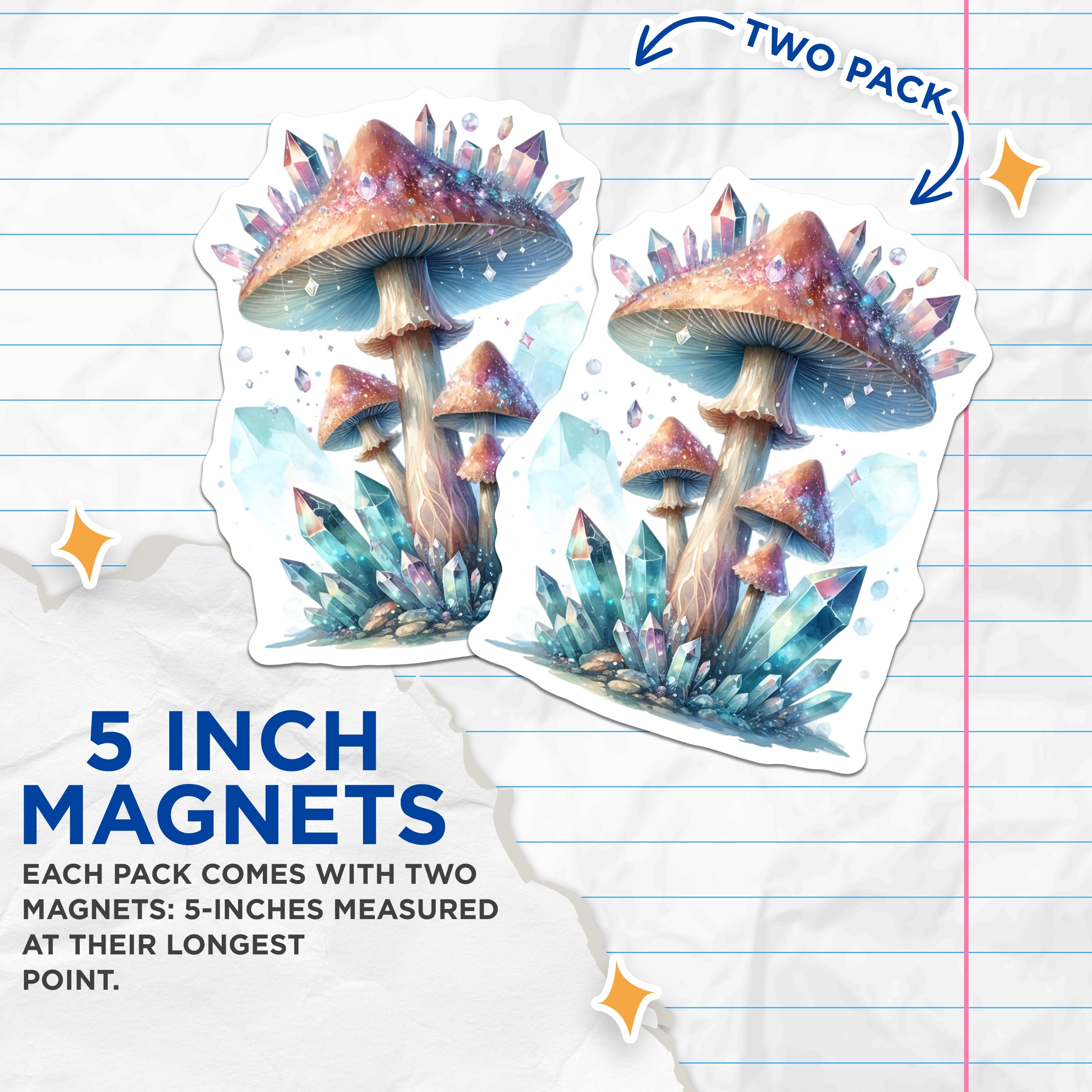 (2 Pack) Magical Mushroom Crystal Magnets - Fairycore Decor - Fantasy Fridge Art - 5 Inches On Longest Side - Thick Durable Magnet - Made in USA - MAG39591