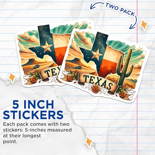(2 Pack) Texas State Stickers - Cactus Sunset Scene - Road Trip Adventure Sticker Pack - 5" On Longest Side - Sticks to Smooth Flat Surfaces - Made in USA - BMCS7273