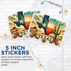 (2 Pack) Texas State Stickers - Cactus Sunset Scene - Road Trip Adventure Sticker Pack - 5" On Longest Side - Sticks to Smooth Flat Surfaces - Made in USA - BMCS7273