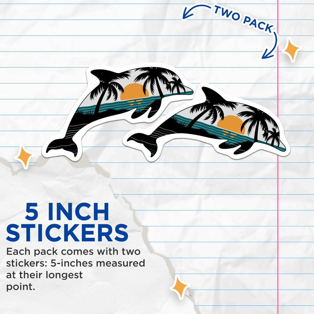 (2 Pack) Dolphin Sunset Beach Scene Stickers - Tropical Ocean Decal Stickers - Coastal Sunrise Vinyl Stickers - 5" On Longest Side - Sticks to Smooth Flat Surfaces - Made in USA - BMCS4867