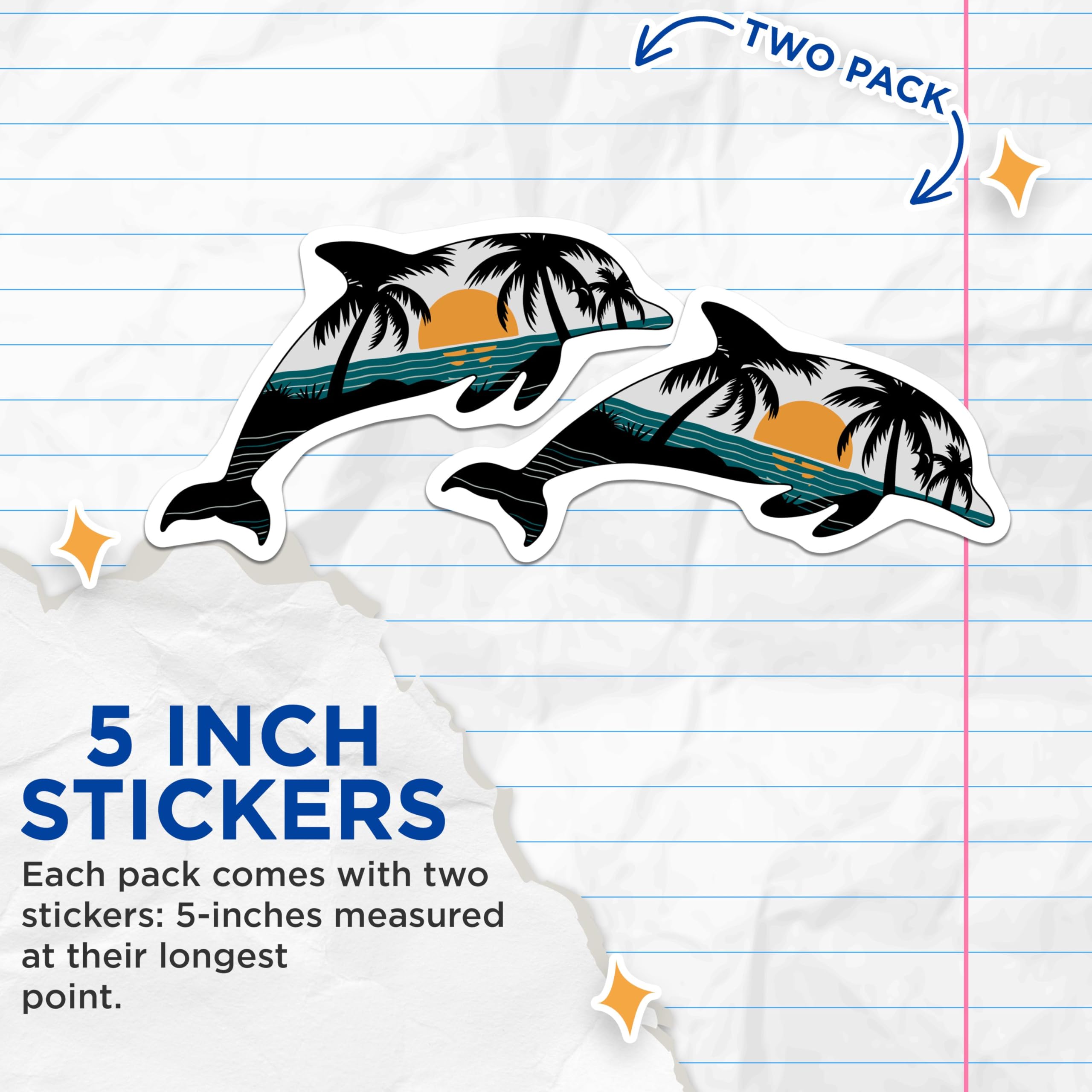 (2 Pack) Dolphin Sunset Beach Scene Stickers - Tropical Ocean Decal Stickers - Coastal Sunrise Vinyl Stickers - 5" On Longest Side - Sticks to Smooth Flat Surfaces - Made in USA - BMCS4867