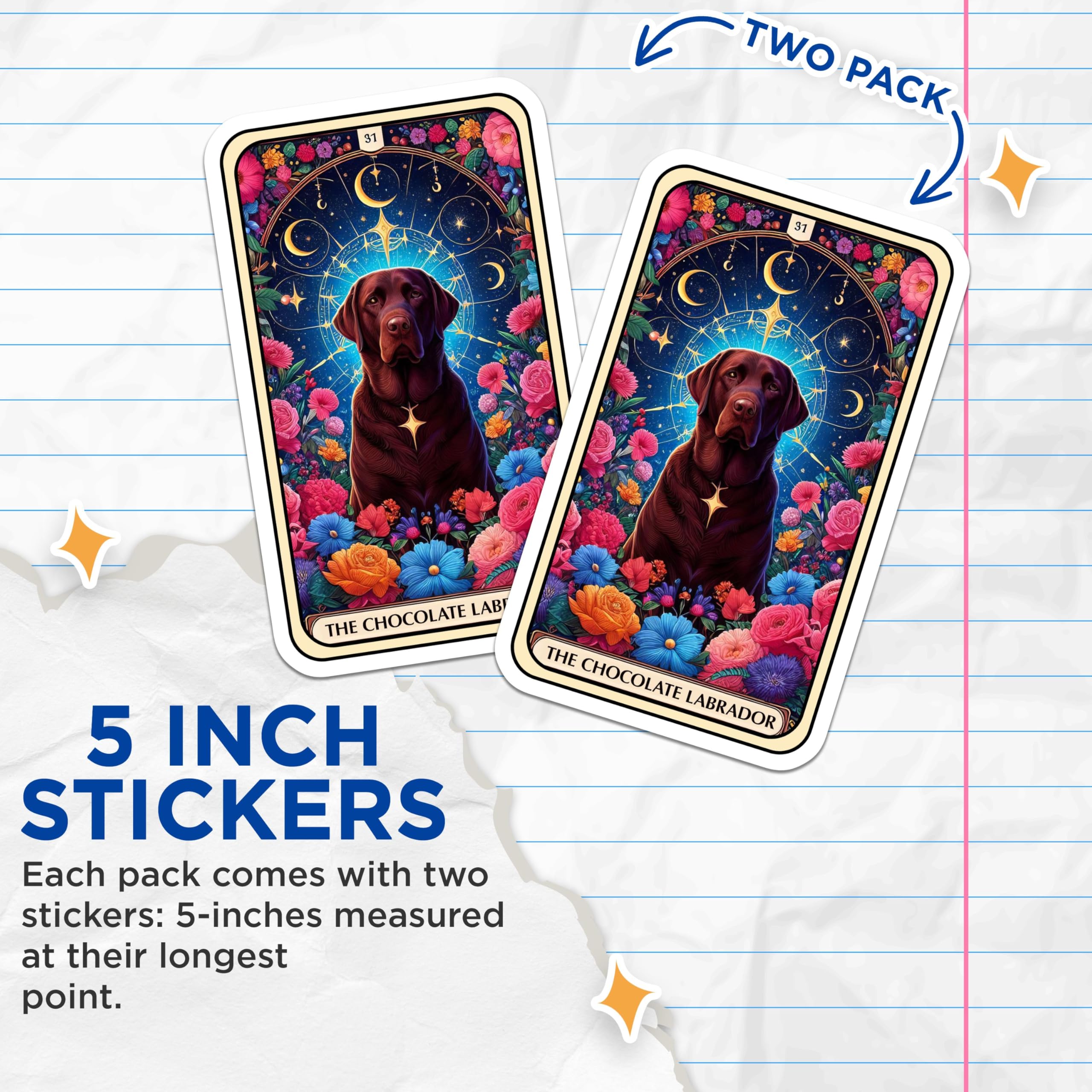 (2 Pack) Chocolate Labrador Stickers - Astrology Dog Stickers - Floral Dog Stickers - 5" On Longest Side - Sticks to Smooth Flat Surfaces - Made in USA - BMCS4811