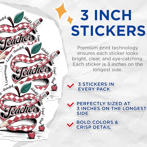 (3 Pack) Teacher Decals - Apple Pencil Decals - Education Profession Stickers - 3 Inches On Longest Side - Easy Peel & Apply - Made in USA - 3MCS6421