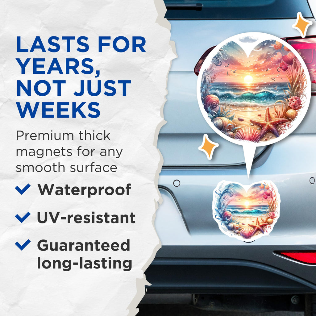 (2 Pack) Beach Sunset Magnets - Coastal Decor - Ocean Heart Fridge Magnets - 5" On Longest Side - Premium Magnet - for Cars, Refrigerators, Toolboxes, Lockers - Made in USA - MAG15028