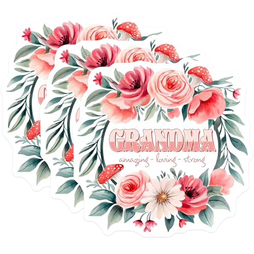 (3 Pack) Grandma Floral Decals - Amazing Loving Strong - Laptop Decal - 3 Inches On Longest Side - Easy Peel & Apply - Made in USA - 3MCS7233