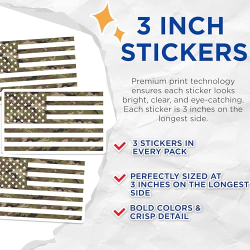 (3 Pack) Camouflage American Flag Decals - USA Flag Camo - Military Pattern Stickers - 3 Inches On Longest Side - Easy Peel & Apply - Made in USA - 3MCS7388