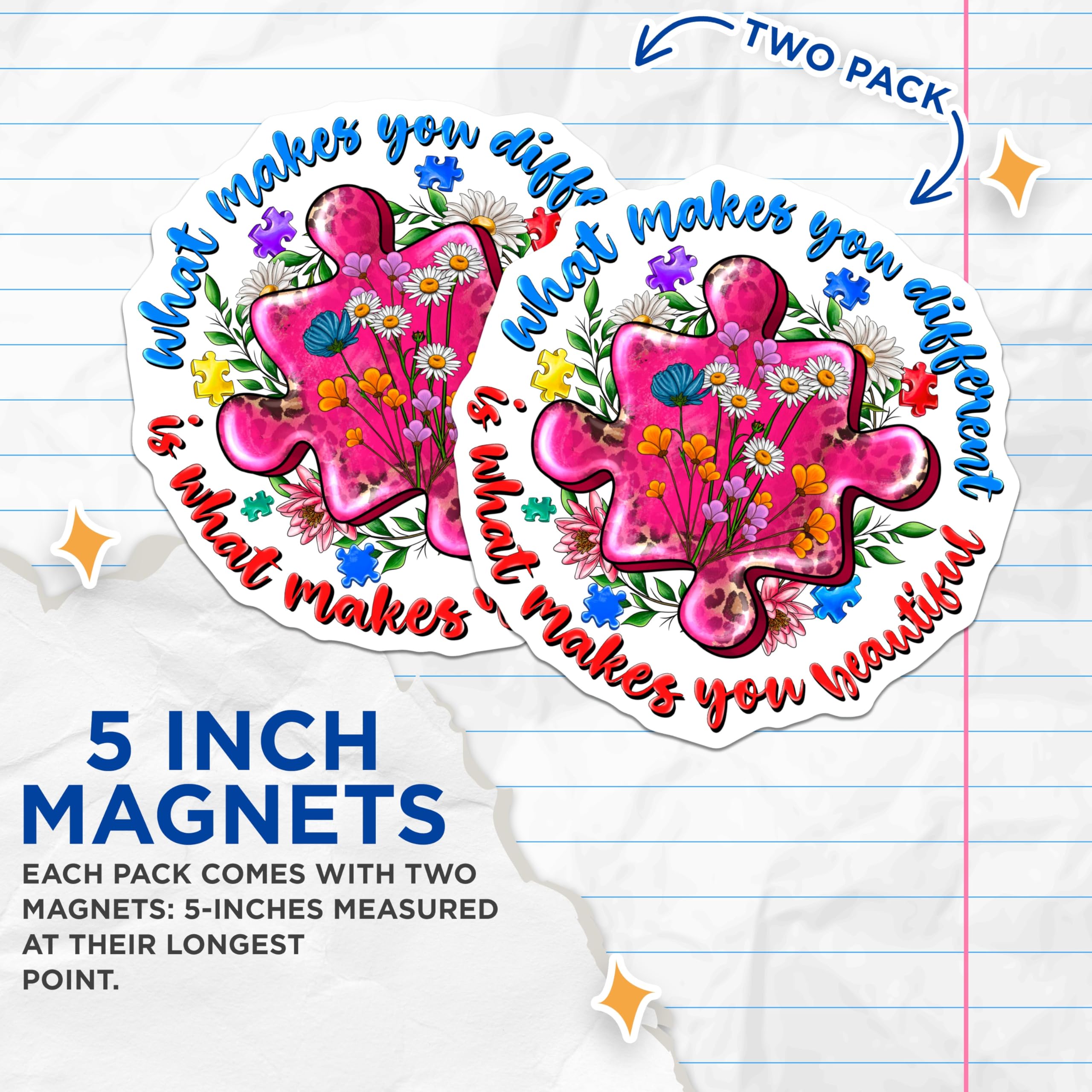 (2 Pack) Autism Acceptance Magnets - Neurodiversity Support Decor - Different is Beautiful Positive Affirmation - 5 Inches On Longest Side - Thick Durable Magnet - Made in USA - MAG29583
