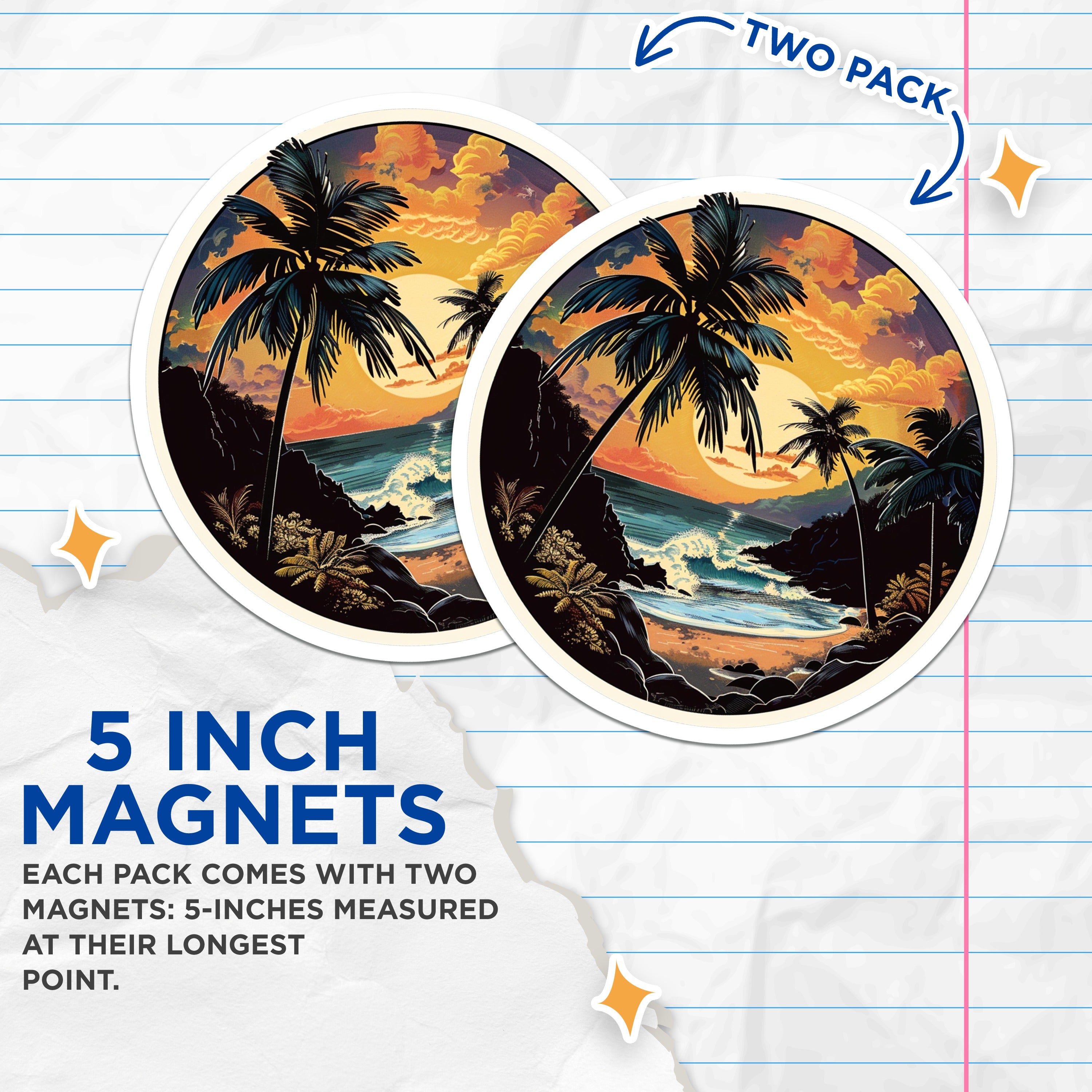 (2 Pack) Tropical Beach Magnets - Sunset Palm Tree Art - Ocean Lover Decor Hawaii Style - 5 Inches On Longest Side - Thick Durable Magnet - Made in USA - MAG39102