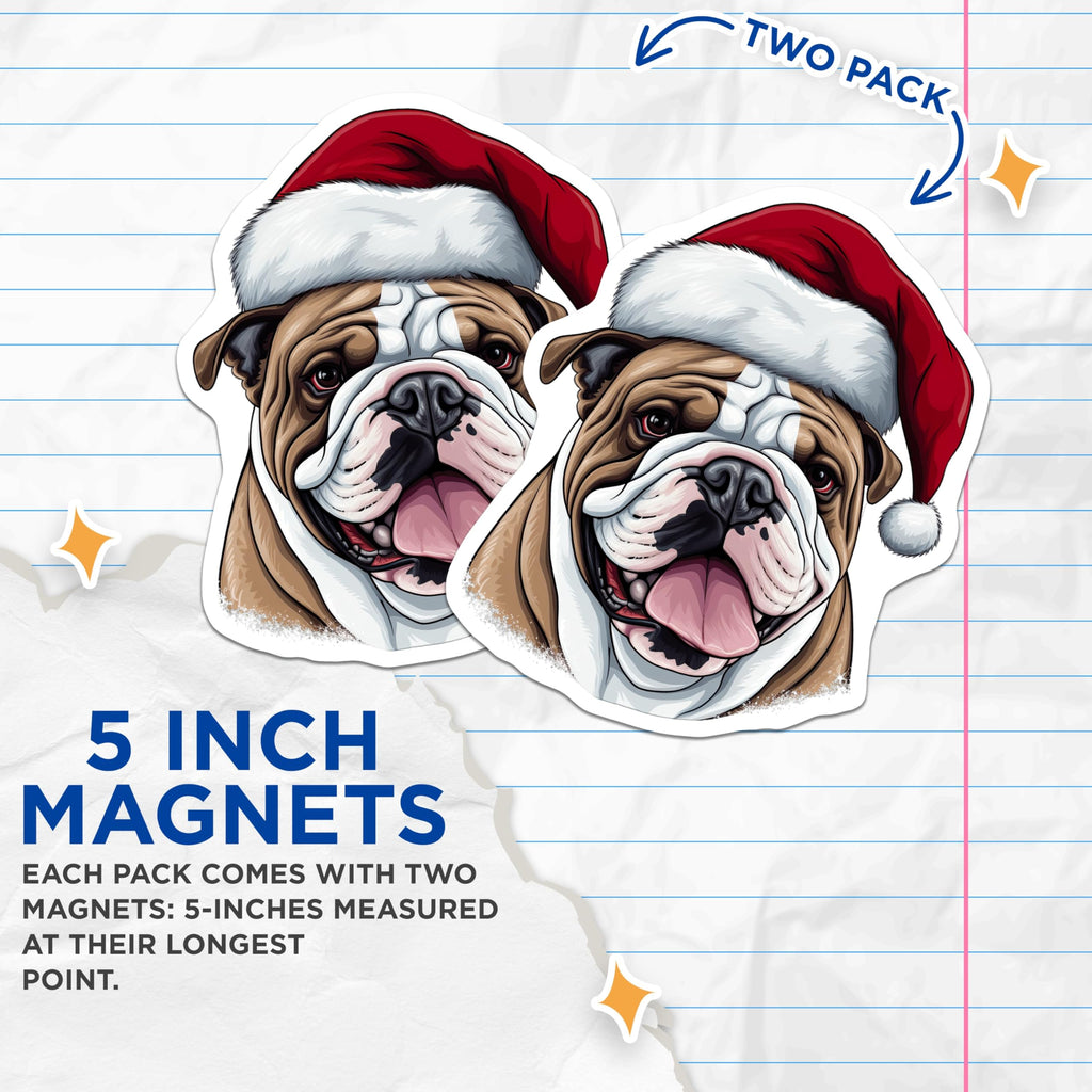 (2 Pack) Bulldog Santa Hat Magnets - Christmas Dog Decor - Holiday Animal Lover - 5 Inches On Longest Side - Thick Durable Magnet - Made in USA - MAG24666