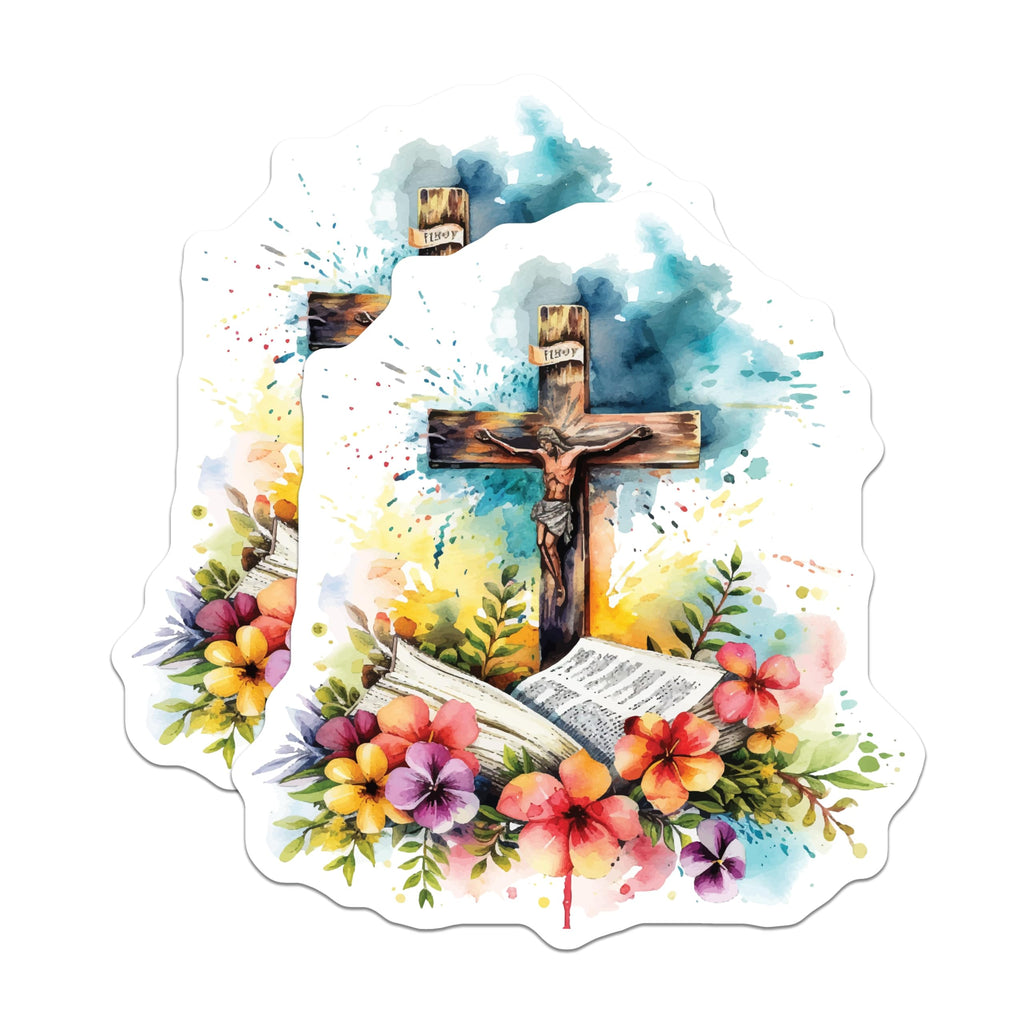 (2 Pack) Jesus Christ Magnets - Watercolor Cross with Open Bible and Flowers - Christian Faith Devotional Art - 5 Inches On Longest Side - Thick Durable Magnet - Made in USA - MAG19959
