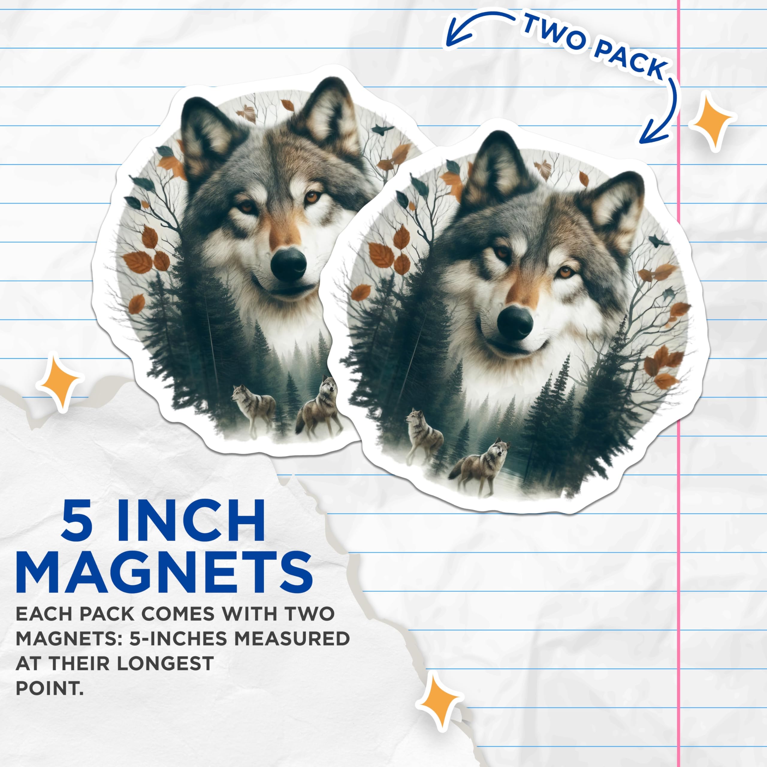 (2 Pack) Wolf Magnets - Forest Animals - Nature Lover Decor - 5" On Longest Side - Premium Magnet - for Cars, Refrigerators, Toolboxes, Lockers - Made in USA - MAG15161