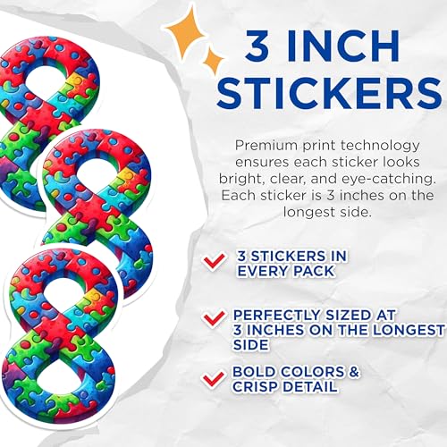 (3 Pack) Autism Awareness Decals - Puzzle Piece Number 8 - Symbol of Support- 3 Inches On Longest Side - Easy Peel & Apply - Made in USA - 3MCS5957