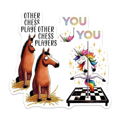 (2 Pack) Funny Chess Players Stickers - Unique Unicorn Stickers - Cute Horse Stickers for Laptop and Water Bottle - 5" On Longest Side - Sticks to Any Smooth Flat Surface - Made in USA - BMCS3186