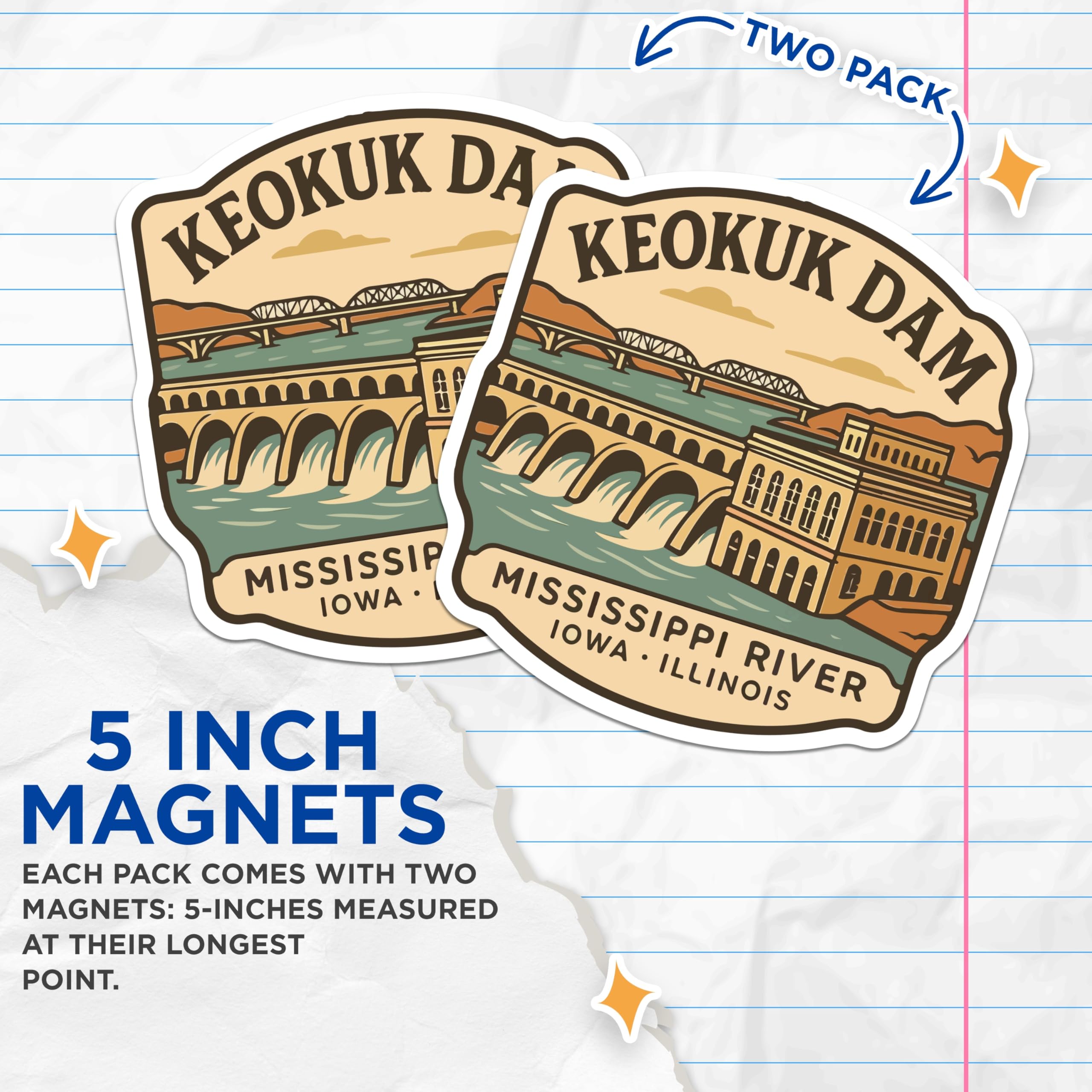 (2 Pack) Keokuk Dam Magnets - Historic Mississippi River Landmark - Iowa Illinois Travel Souvenir - Vintage Midwest Art - 5 Inches On Longest Side - Thick Durable Magnet - Made in USA - MAG19734