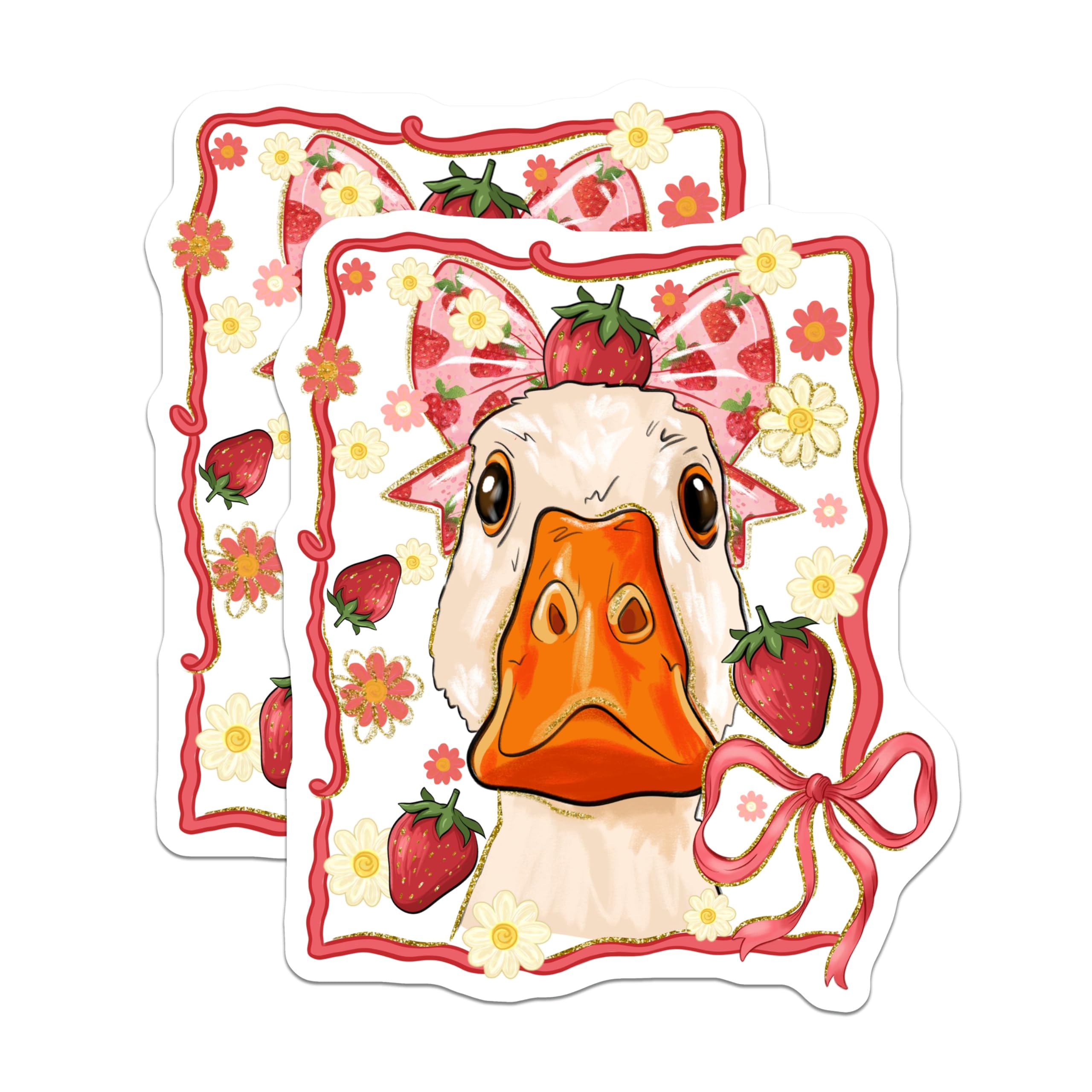 (2 Pack) Charming Goose Magnets - Sweet Strawberry Floral Bow Artwork - Decorative Farm Animal Refrigerator Magnets - 5 Inches On Longest Side - Thick Durable Magnet - Made in USA - MAG23674