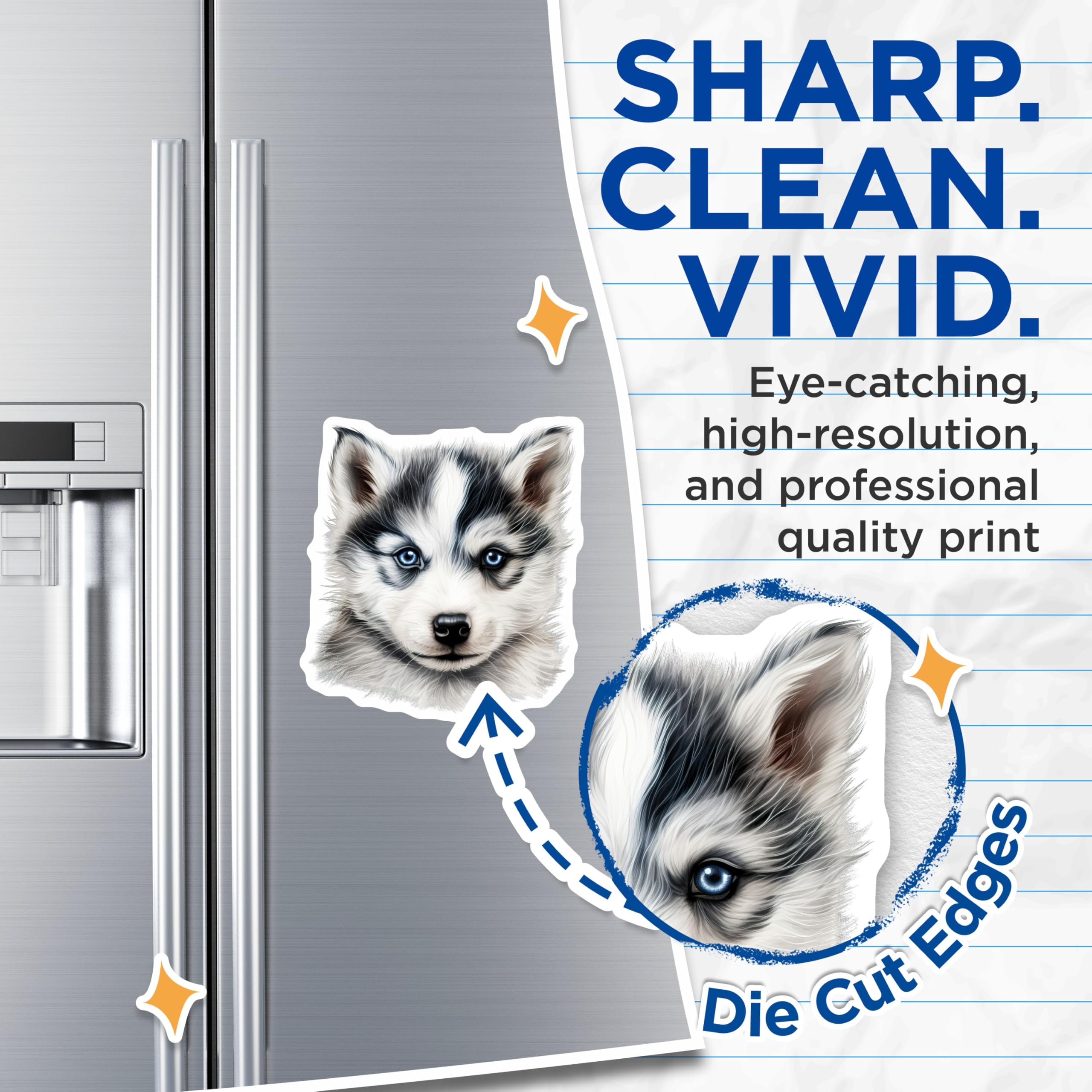 (2 Pack) Siberian Husky Puppy Magnets - Blue Eyed Dog Fridge Decor - Cute Animal Lover Kitchen Display - 5 Inches On Longest Side - Thick Durable Magnet - Made in USA - MAG26393