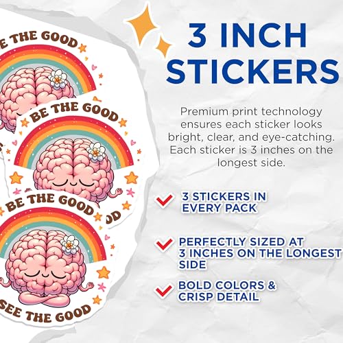 (3 Pack) Be The Good Decals - See The Good - Rainbow Brain Stickers - 3 Inches On Longest Side - Easy Peel & Apply - Made in USA - 3MCS7012