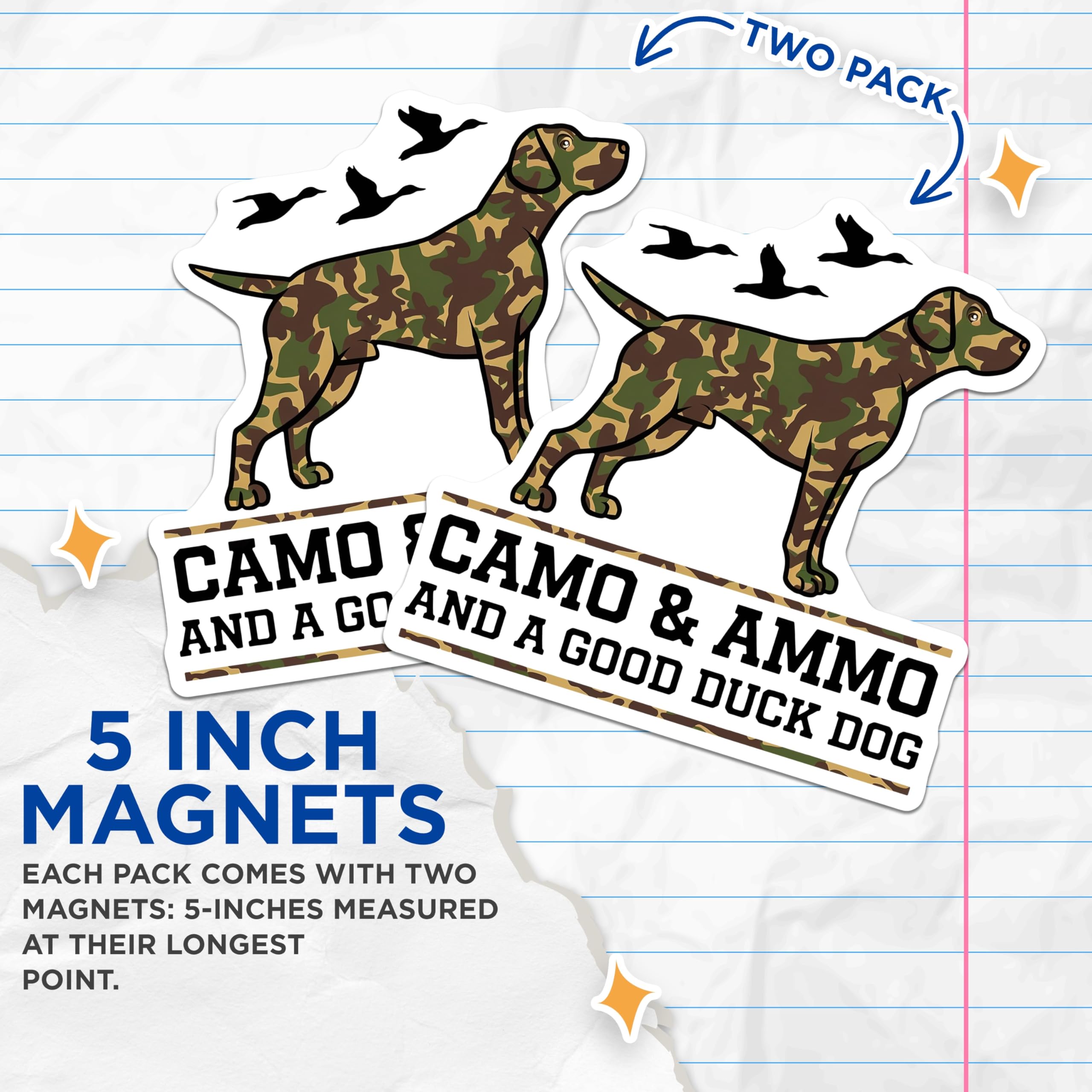 (2 Pack) Camo and Ammo Duck Dog Magnets - Hunting Retriever Decor - Outdoorsman Vehicle Decals - 5 Inches On Longest Side - Thick Durable Magnet - Made in USA - MAG19904