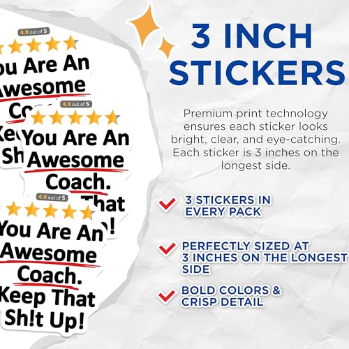 (3 Pack) Awesome Coach Decals - Motivational Stickers - Funny Coach Appreciation - 3 Inches On Longest Side - Easy Peel & Apply - Made in USA - 3MCS8106