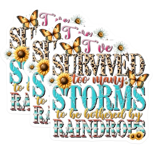 (3 Pack) Survived Storms Decals - Floral Butterfly Sticker - Inspirational Quote Sticker - 3 Inches On Longest Side - Easy Peel & Apply - Made in USA - 3MCS2002