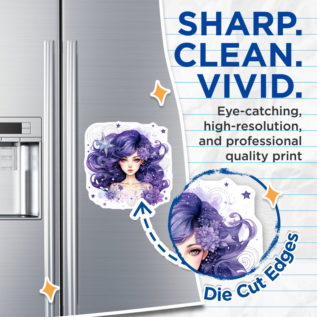 (2 Pack) Purple Hair Fantasy Girl Magnets - Celestial Dreamer Art - Whimsical Aesthetic Decor for Women - 5 Inches On Longest Side - Thick Durable Magnet - Made in USA - MAG36251