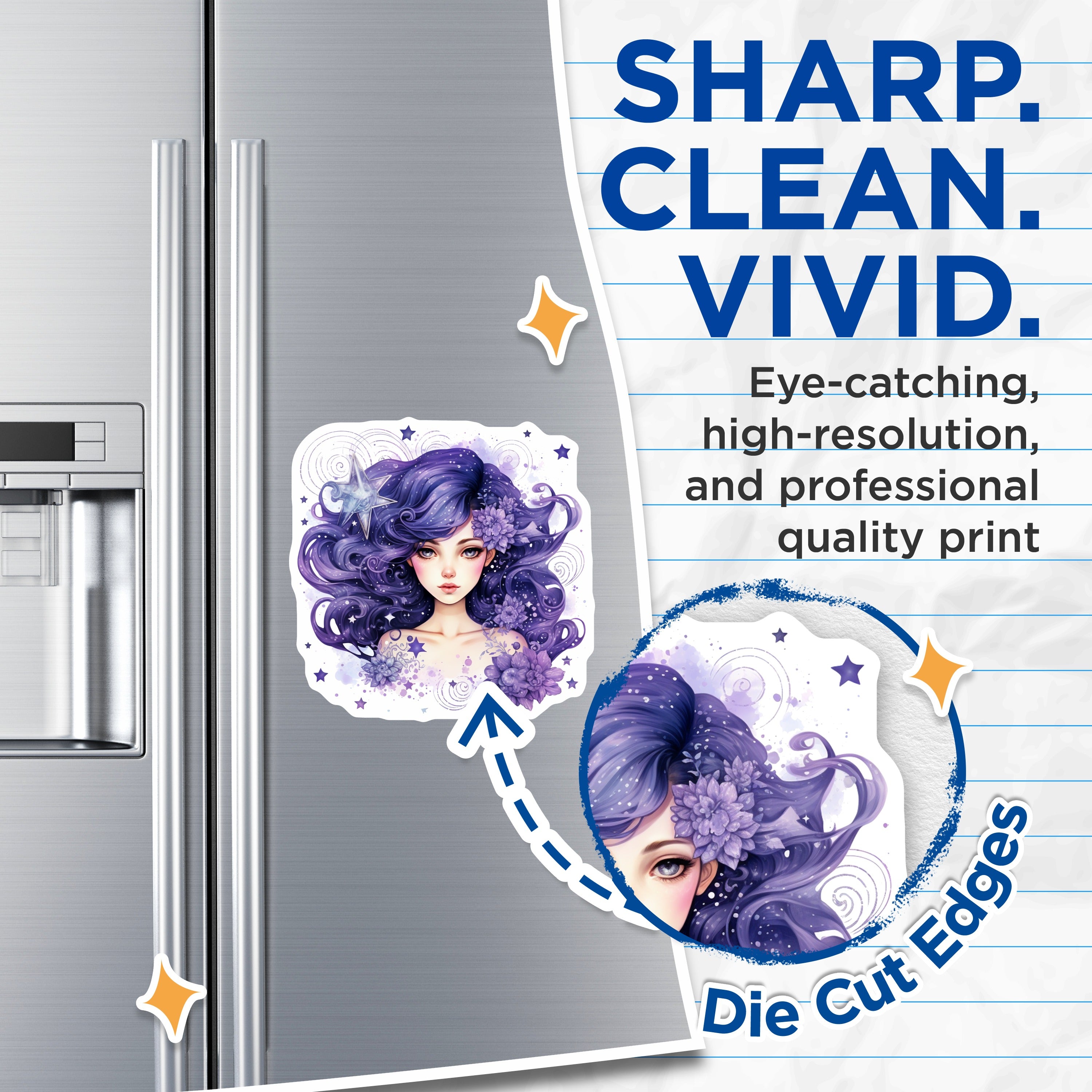 (2 Pack) Purple Hair Fantasy Girl Magnets - Celestial Dreamer Art - Whimsical Aesthetic Decor for Women - 5 Inches On Longest Side - Thick Durable Magnet - Made in USA - MAG36251