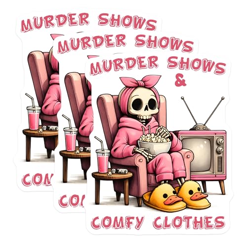 (3 Pack) Murder Shows Decals - Comfy Clothes - Laptop Decal - True Crime - 3 Inches On Longest Side - Easy Peel & Apply - Made in USA - 3MCS8531