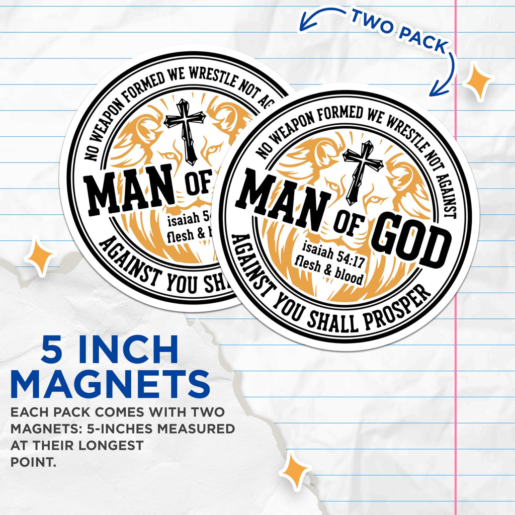 (2 Pack) Man of God Magnets - Christian Faith Scripture Isaiah 54:17 Verse - Religious Lion Cross Emblem Spiritual Magnets - 5 Inches On Longest Side - Thick Durable Magnet - Made in USA - MAG23324