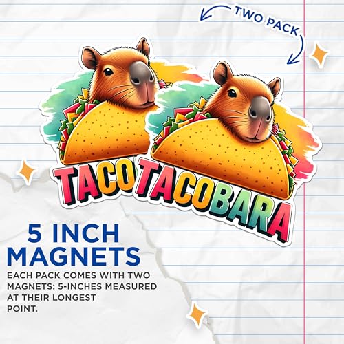 (2 Pack) Funny Capybara Magnets - Taco Capybara Magnets - Animal Food Magnets for Fridge Decor- 5" On Longest Side - for Fridges, Toolboxes, Cars - Made in USA - MAG2666