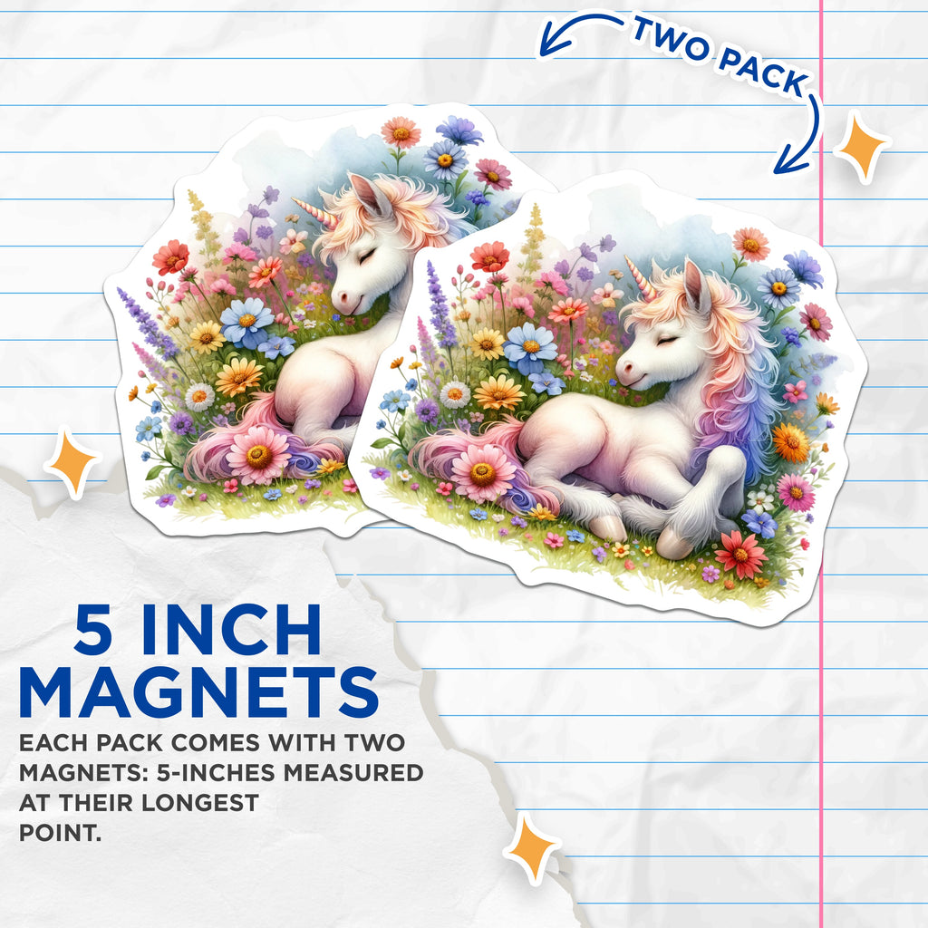 (2 Pack) Sleeping Unicorn Magnets - Rainbow Mane - Floral Fantasy - Whimsical Dream Decor for Kids Room - 5 Inches On Longest Side - Thick Durable Magnet - Made in USA - MAG38591