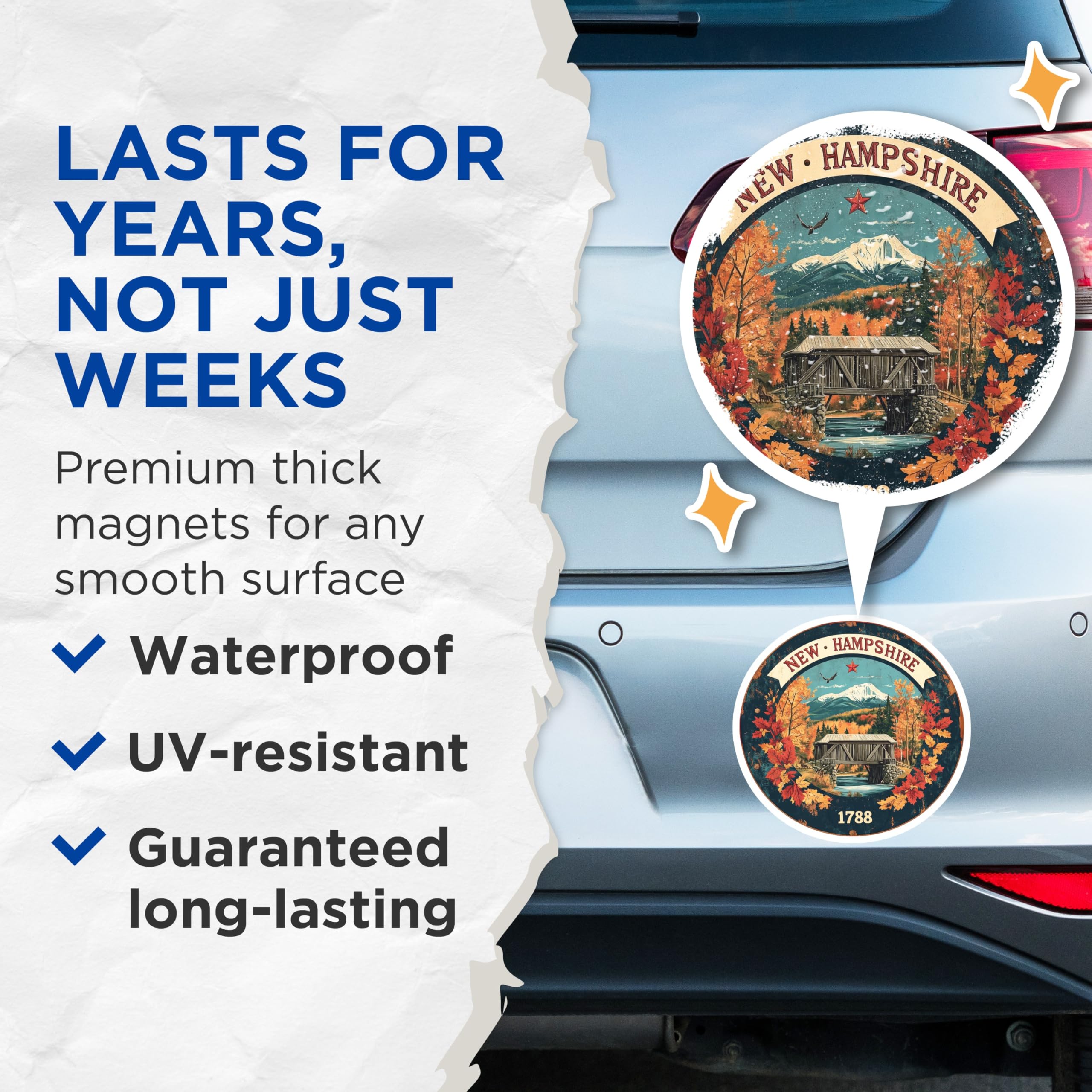 (2 Pack) New Hampshire Magnets - Covered Bridge Art - Autumn Landscape Decor - 5" On Longest Side - Premium Magnet - for Cars, Refrigerators, Toolboxes, Lockers - Made in USA - MAG15664