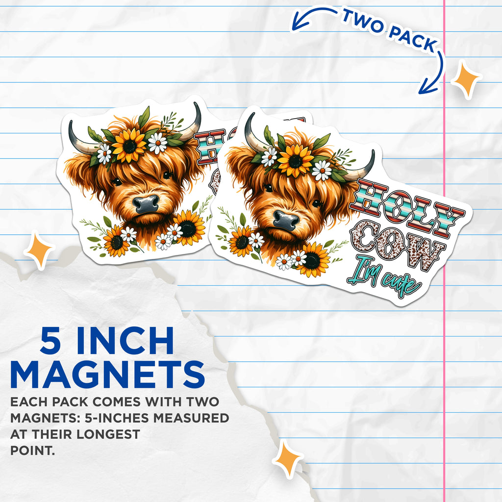 (2 Pack) Highland Cow Magnets - Cute Farm Animal Decor - Funny Refrigerator Accent - Western Style Art - 5 Inches On Longest Side - Thick Durable Magnet - Made in USA - MAG39304