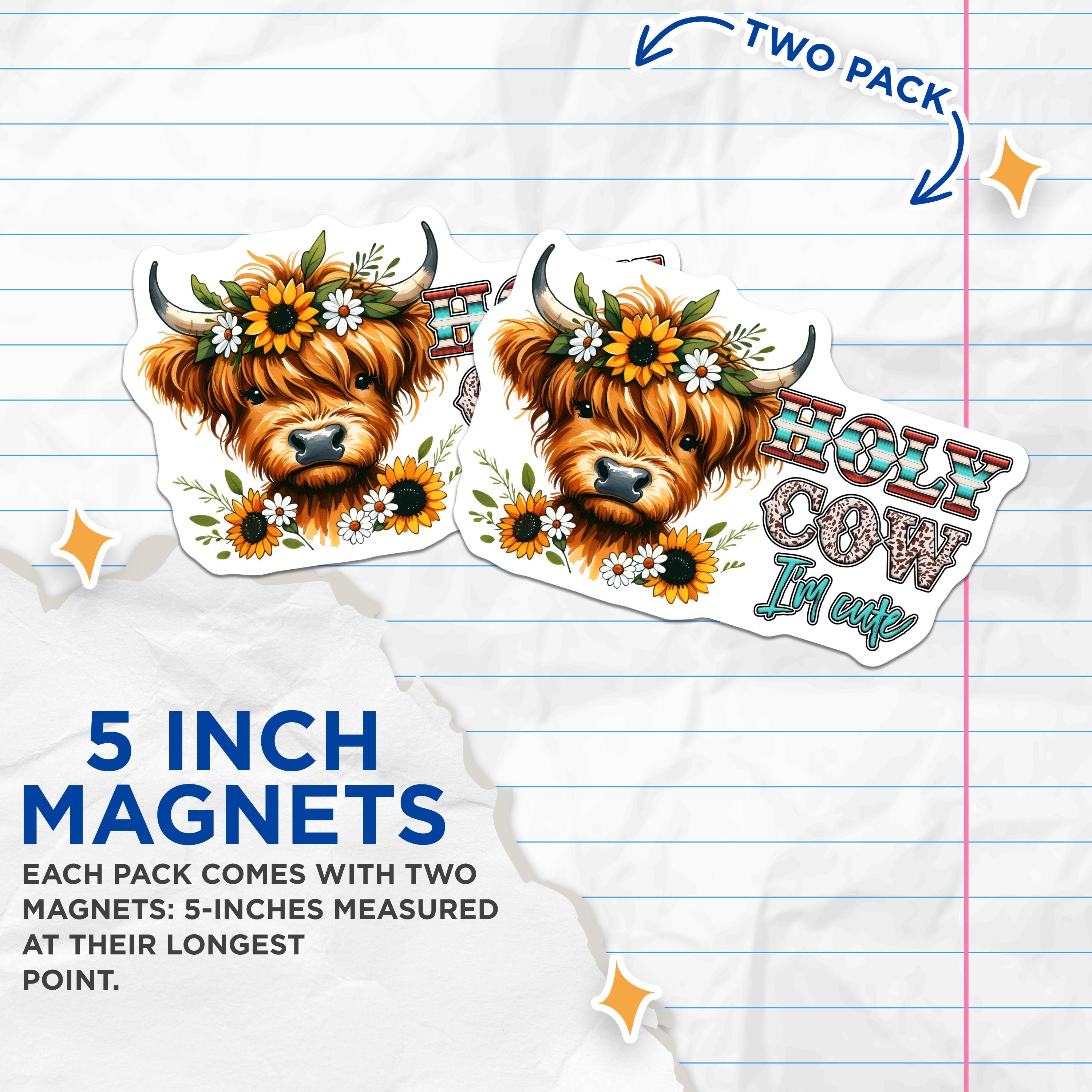 (2 Pack) Highland Cow Magnets - Cute Farm Animal Decor - Funny Refrigerator Accent - Western Style Art - 5 Inches On Longest Side - Thick Durable Magnet - Made in USA - MAG39304