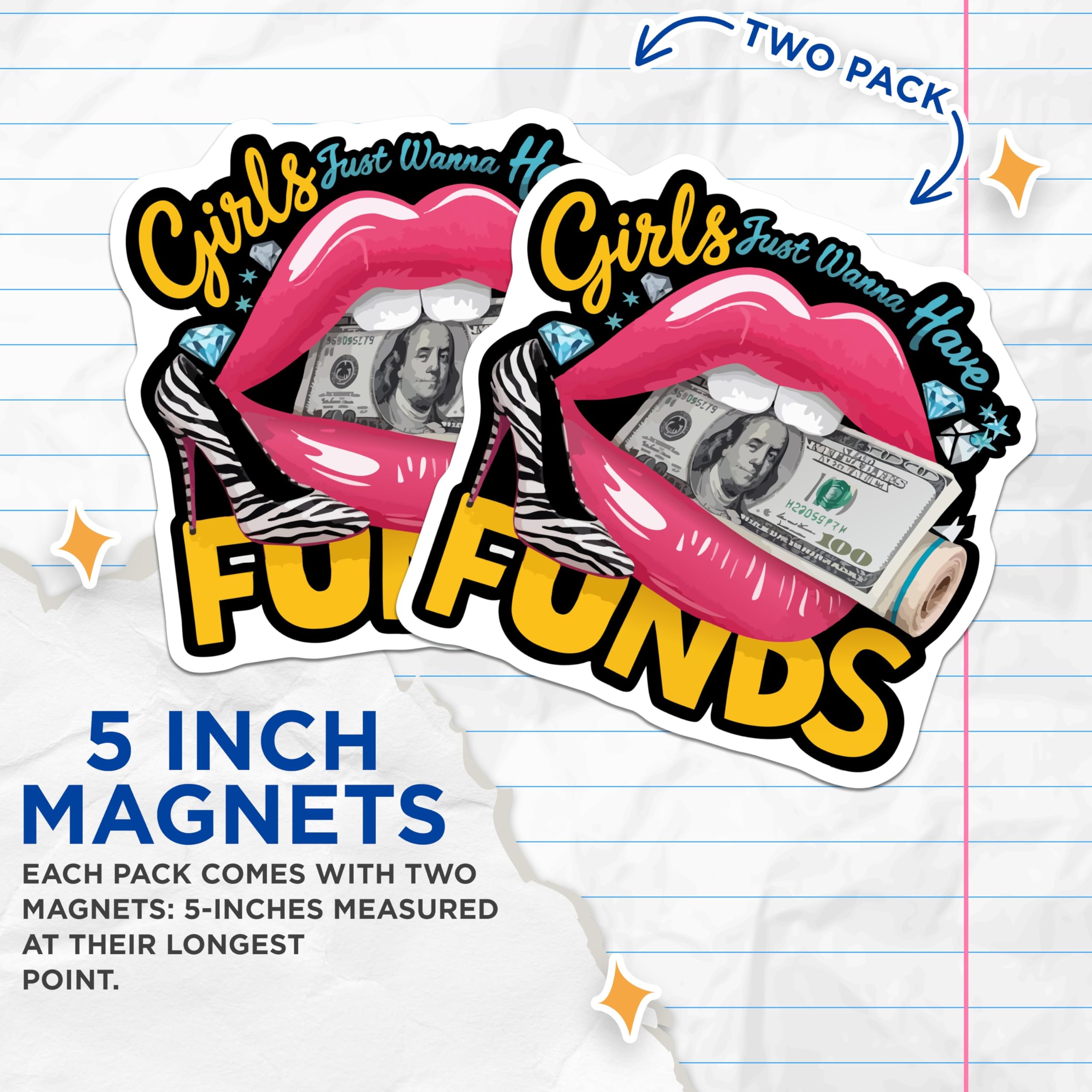 (2 Pack) Girls Just Wanna Have Funds Magnets - Pop Art Money Decor - Sassy Lips Cash Motivation - Feminine Hustle Style - 5 Inches On Longest Side - Thick Durable Magnet - Made in USA - MAG22483