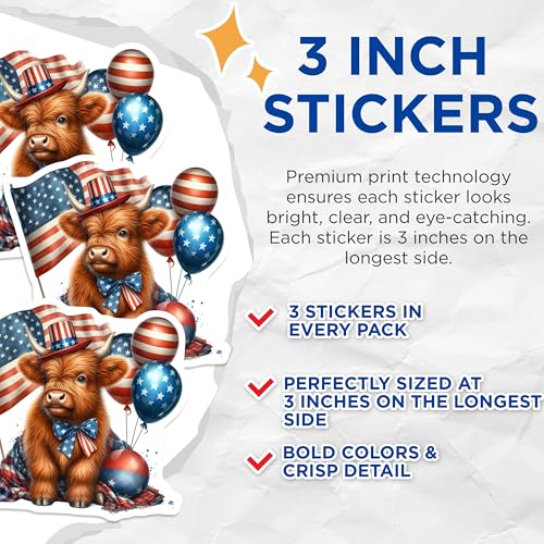 (3 Pack) Patriotic Highland Cow Decals - USA Flag Decal - Cute Animal Decal- 3 Inches On Longest Side - Easy Peel & Apply - Made in USA - 3MCS5097