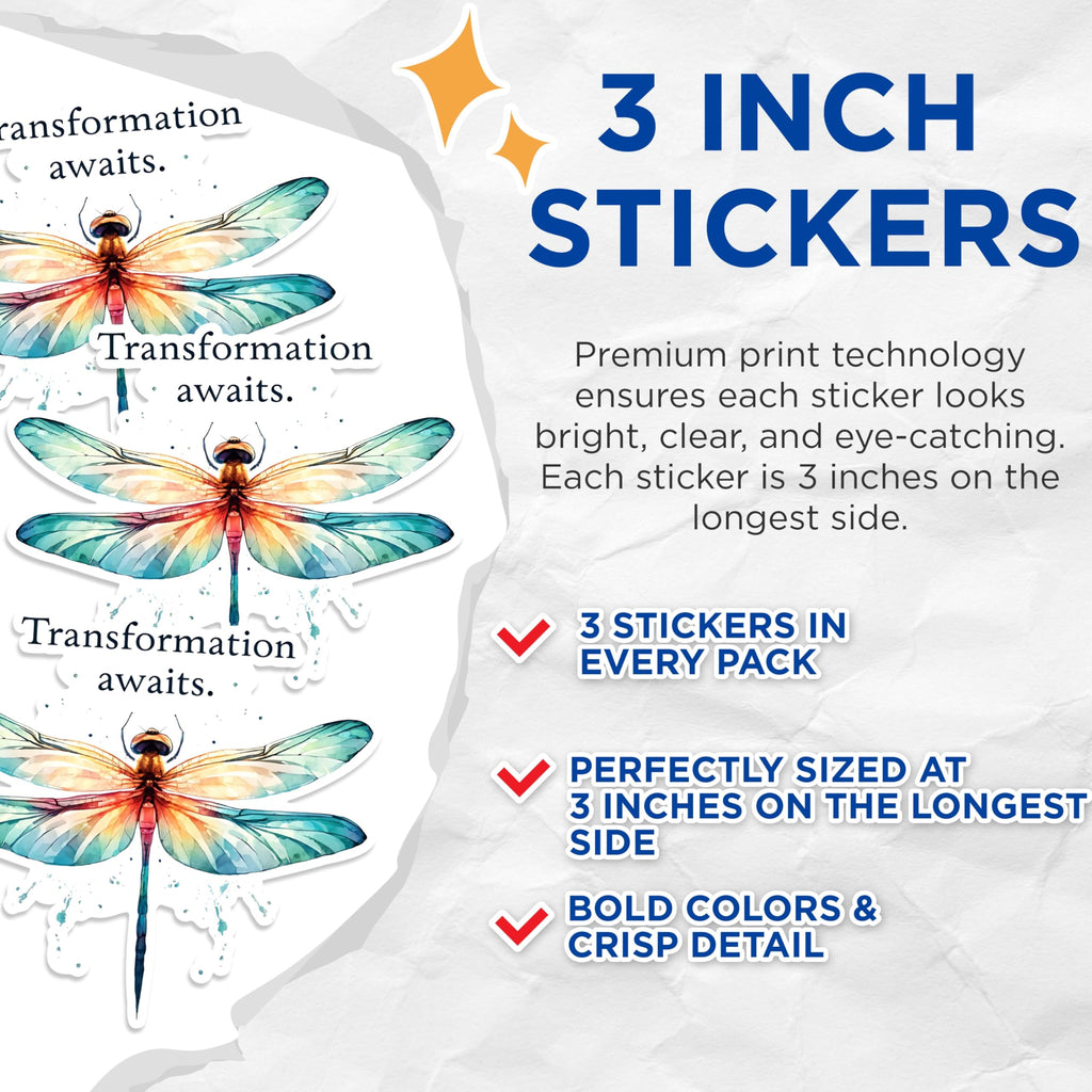 (3 Pack) Dragonfly Decals - Transformation Awaits - Laptop Decal - 3 Inches On Longest Side - Easy Peel & Apply - Made in USA - 3MCS1520