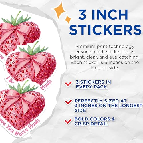 (3 Pack) Strawberry Heart Decals - I Love You Berry Much - Laptop Decals - 3 Inches On Longest Side - Easy Peel & Apply - Made in USA - 3MCS2277