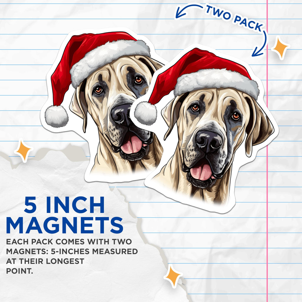 (2 Pack) Christmas Great Dane Magnets - Santa Hat Dog Decor - Holiday Pet Parent Decor - 5 Inches On Longest Side - Thick Durable Magnet - Made in USA - MAG26205