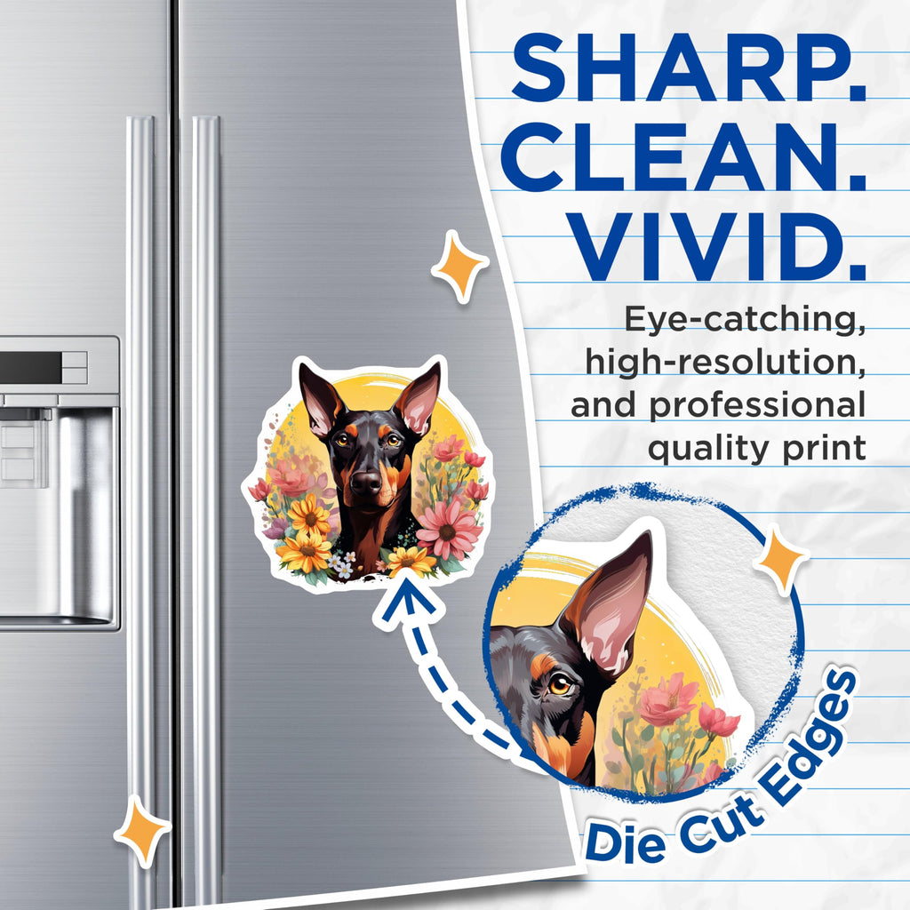 (2 Pack) Doberman Magnets - Floral Dog Art - Pet Parent Refrigerator Decor - Pinscher Enthusiast - 5 Inches On Longest Side - Thick Durable Magnet - Made in USA - MAG25889