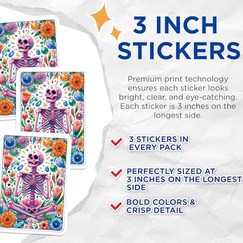 (3 Pack) Floral Skeleton Decals - Meditating Skeleton - Colorful Skeleton Decals - 3 Inches On Longest Side - Easy Peel & Apply - Made in USA - 3MCS8181