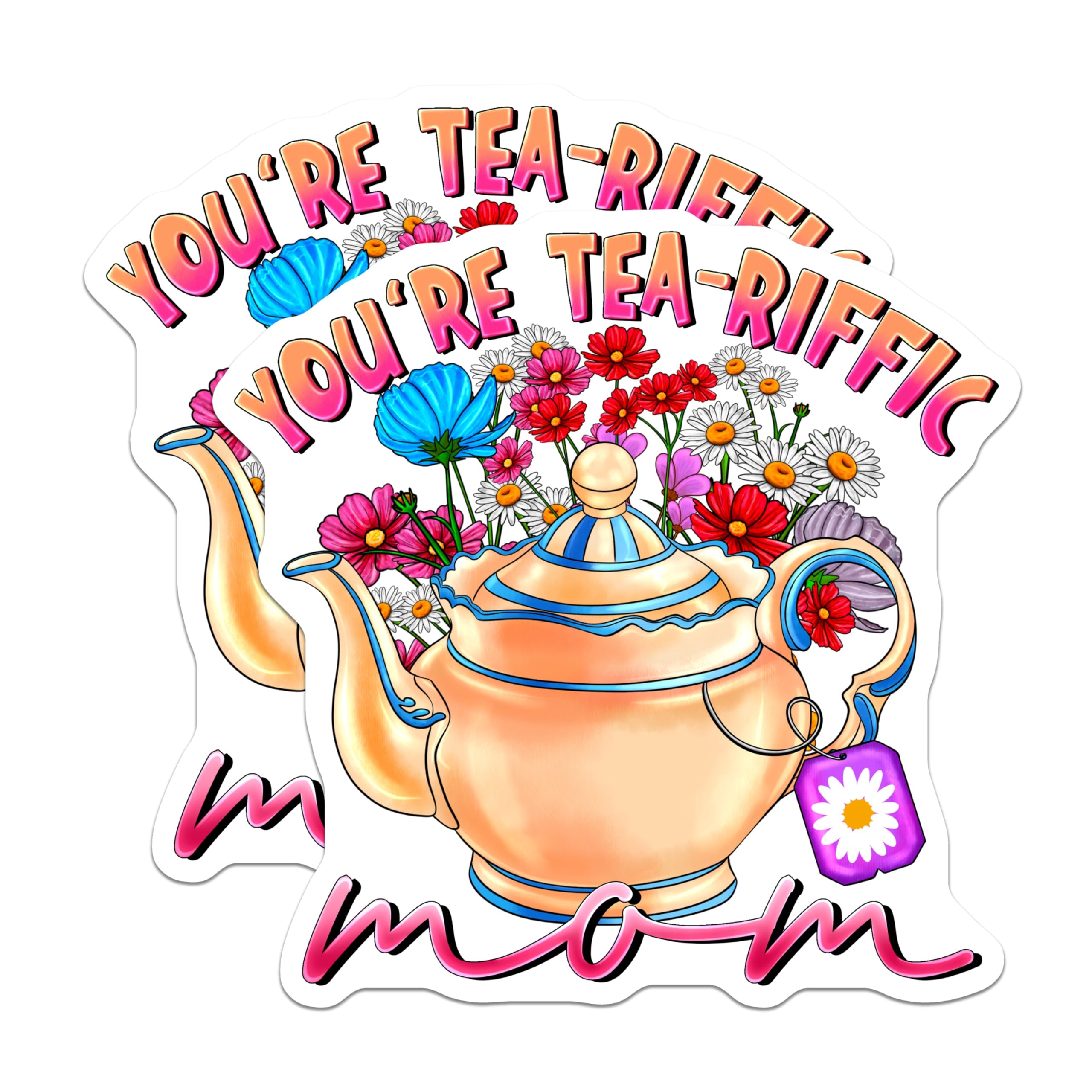 (2 Pack) Tea-Riffic Mom Magnets - Charming Floral Teapot Design - Mothers Day Kitchen Refrigerator Art - 5 Inches On Longest Side - Thick Durable Magnet - Made in USA - MAG24189