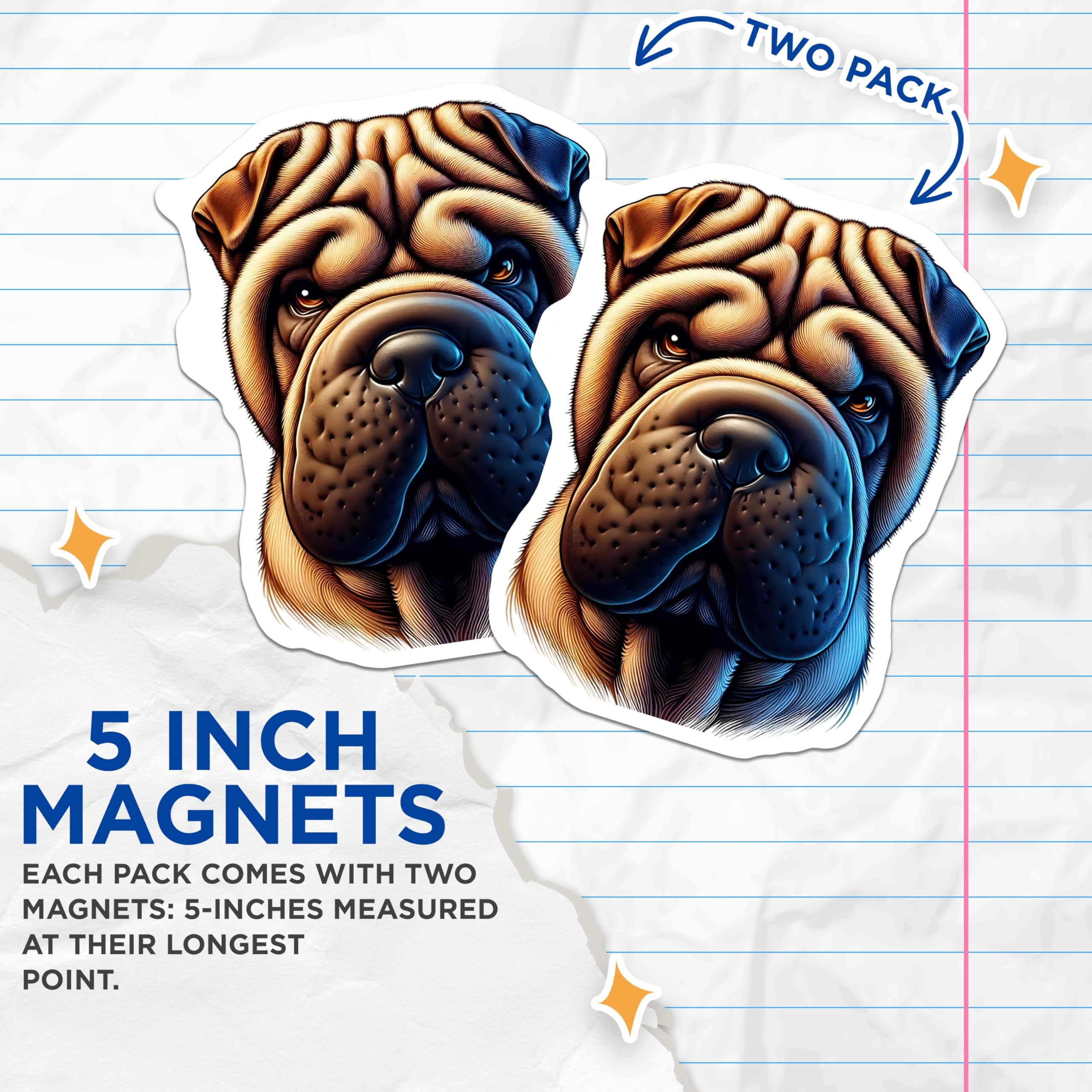 (2 Pack) Shar-Pei Dog Magnets - Wrinkled Dog Breed - Cute Canine Decor - 5" On Longest Side - Premium Magnet - for Cars, Refrigerators, Toolboxes, Lockers - Made in USA - MAG15776