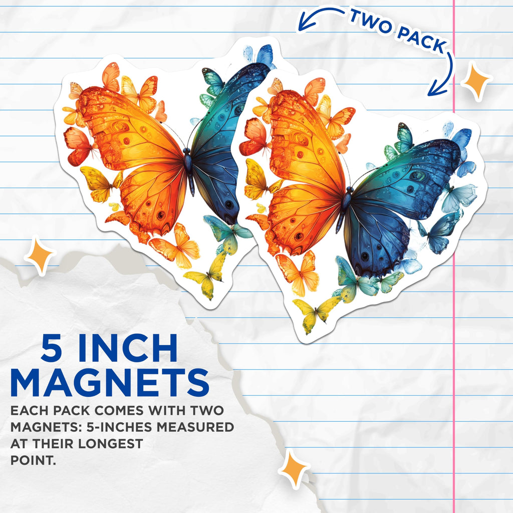 (2 Pack) Colorful Butterfly Heart Magnets - Aesthetic Nature Decor - Inspirational Fridge Accent - 5 Inches On Longest Side - Thick Durable Magnet - Made in USA - MAG26717