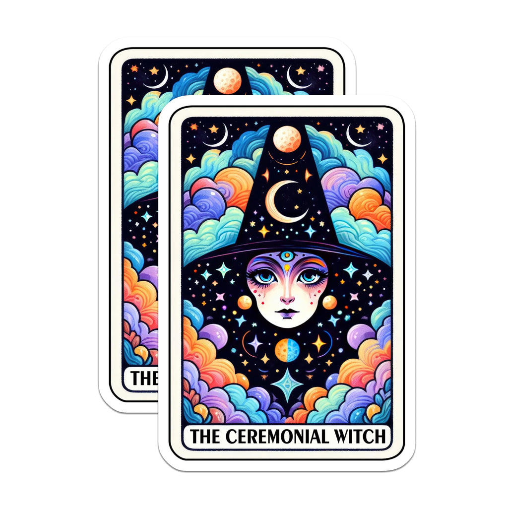 (2 Pack) Ceremonial Witch Art Stickers - Mystical Witch Hat Sticker - Celestial Witch Face Decal - 5" On Longest Side - Sticks to Smooth Flat Surfaces - Made in USA - BMCS5368
