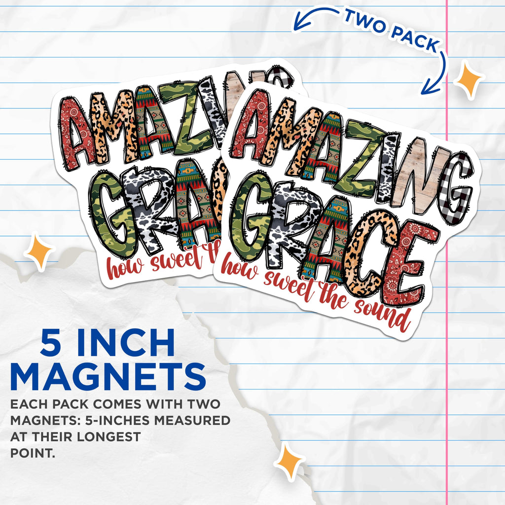 (2 Pack) Amazing Grace Magnets - Mixed Pattern Hymn Decor - Faith Based Inspirational Accessory - 5 Inches On Longest Side - Thick Durable Magnet - Made in USA - MAG24594