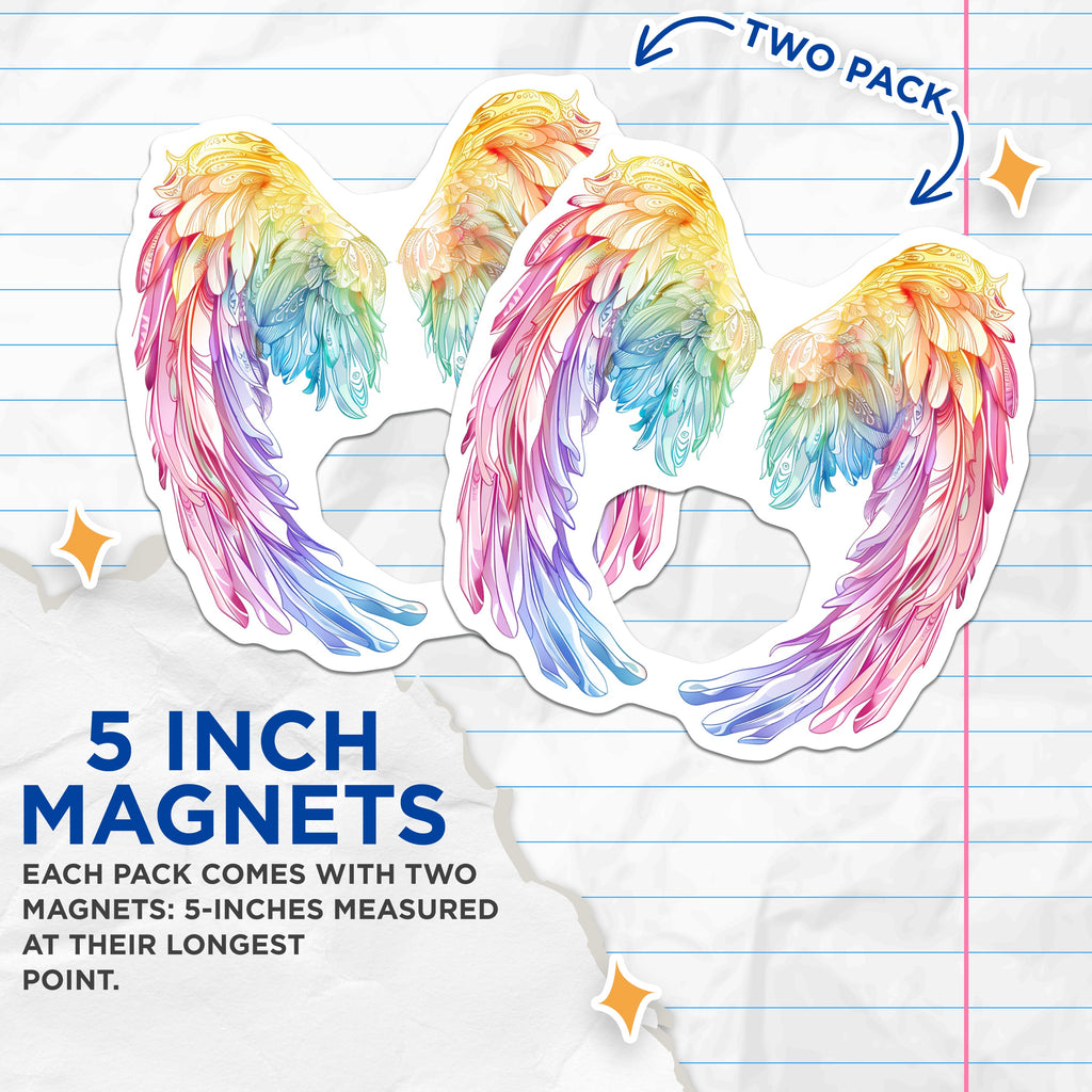 (2 Pack) Rainbow Angel Wings Magnets - Colorful Ethereal Feather Art - Spiritual Boho Aesthetic Decor - 5 Inches On Longest Side - Thick Durable Magnet - Made in USA - MAG38635